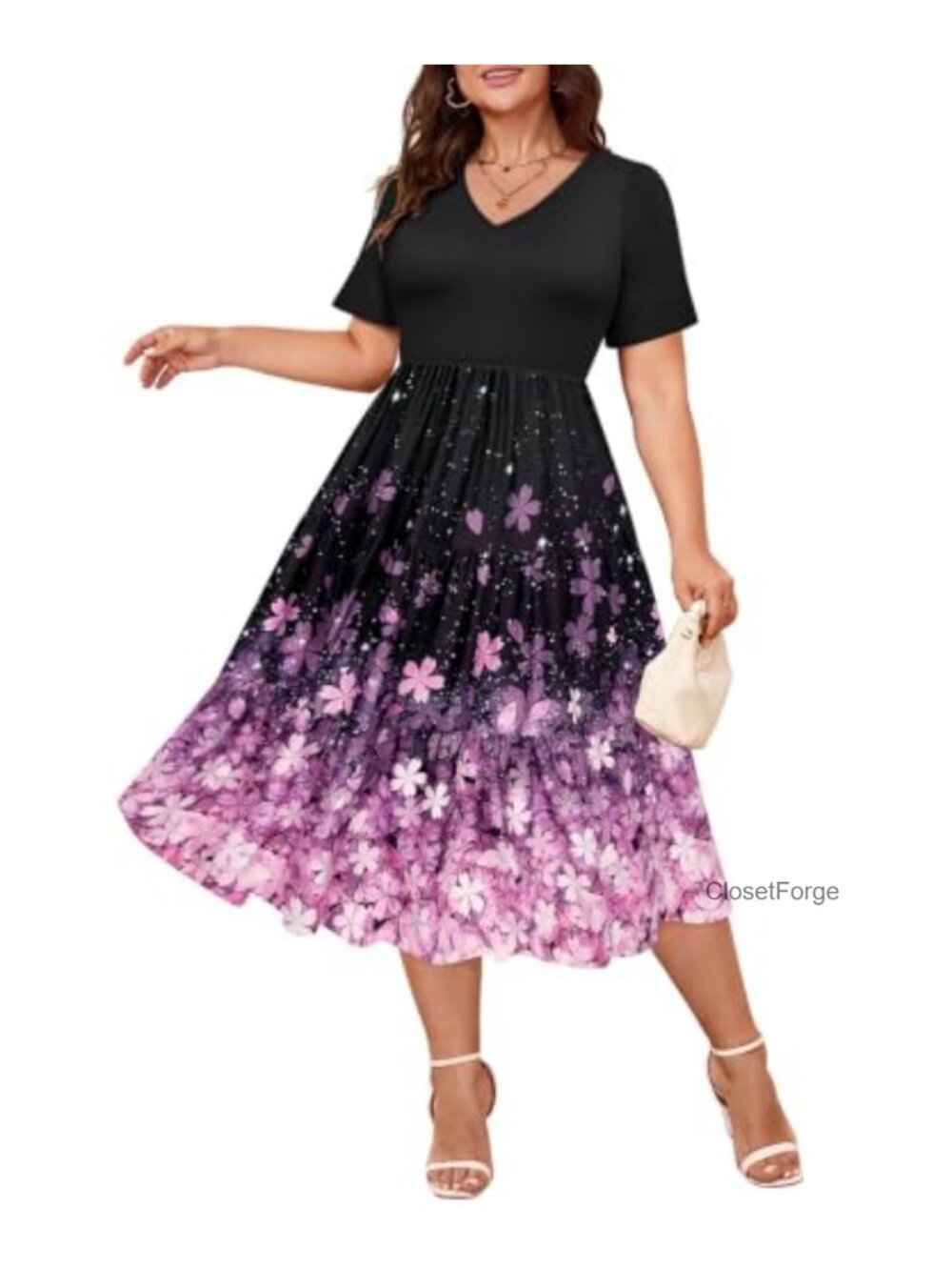 Plus Size V-Neck Short Sleeve A-Line Floral Dress with Pockets XL-5XL